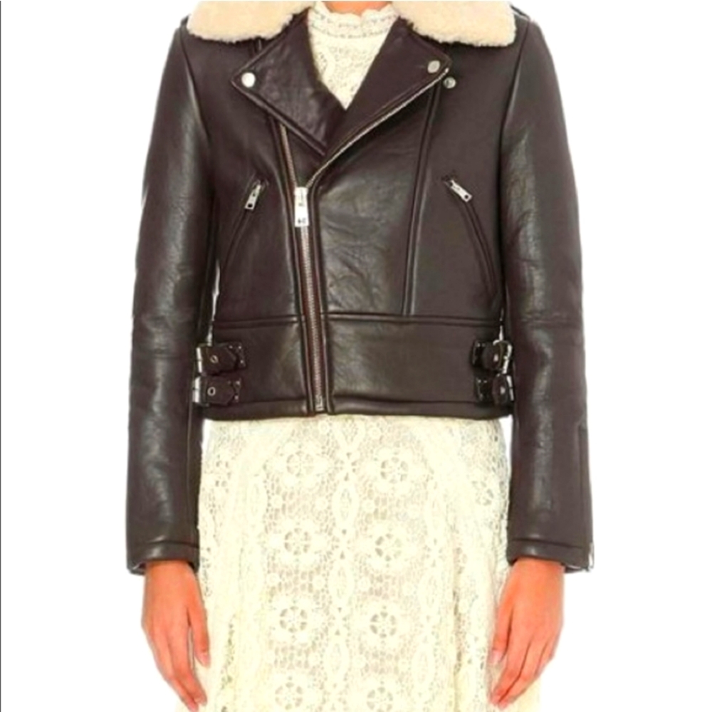 Maje Paris Brown Biker Leather Jacket 38 Lined Shearling Chic Small S